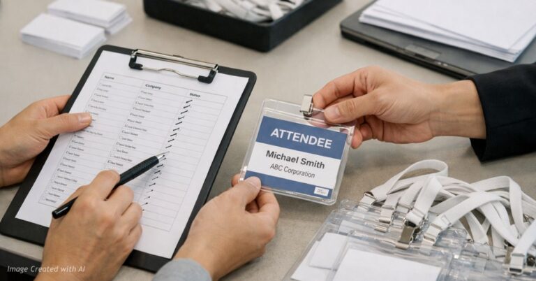 Event staff checking in attendees with badges