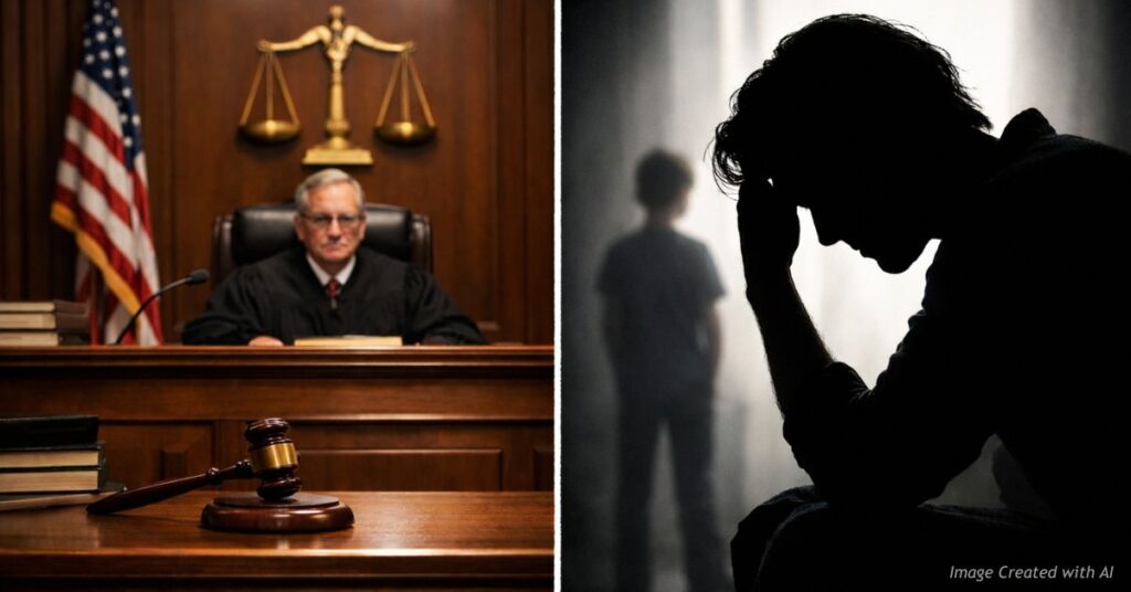 Parent and courtroom split showing tension in justice