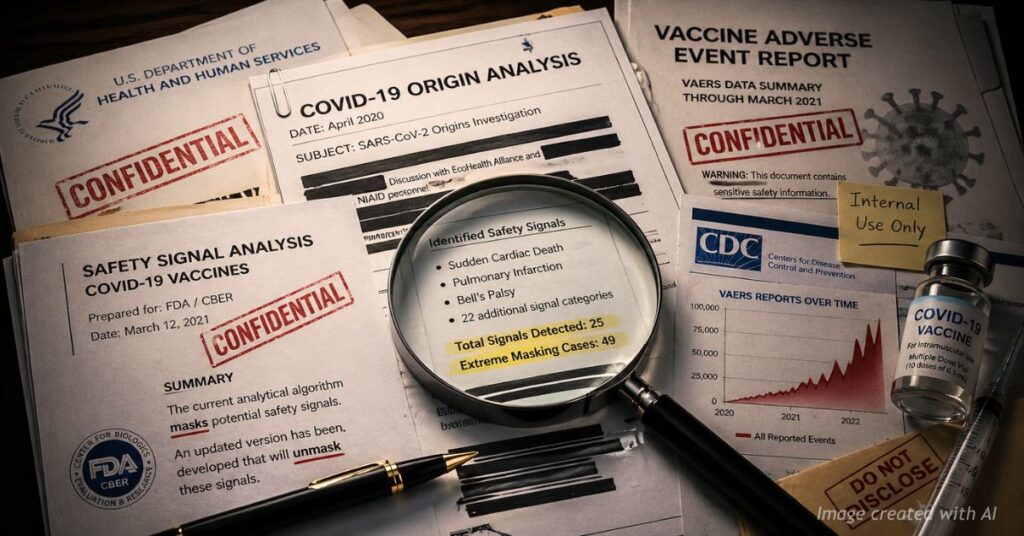 Redacted COVID-19 and vaccine safety documents under magnifying glass