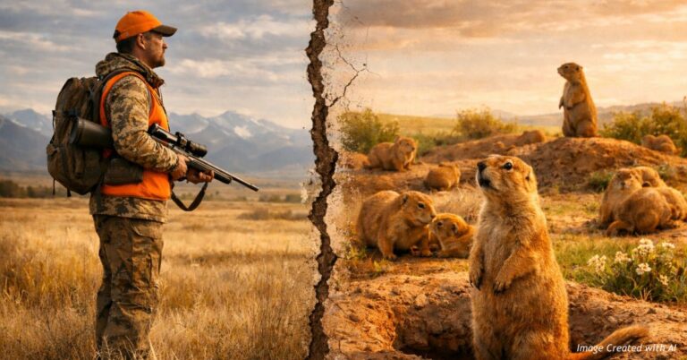 Split image of hunter and prairie dog colony showing wildlife policy divide