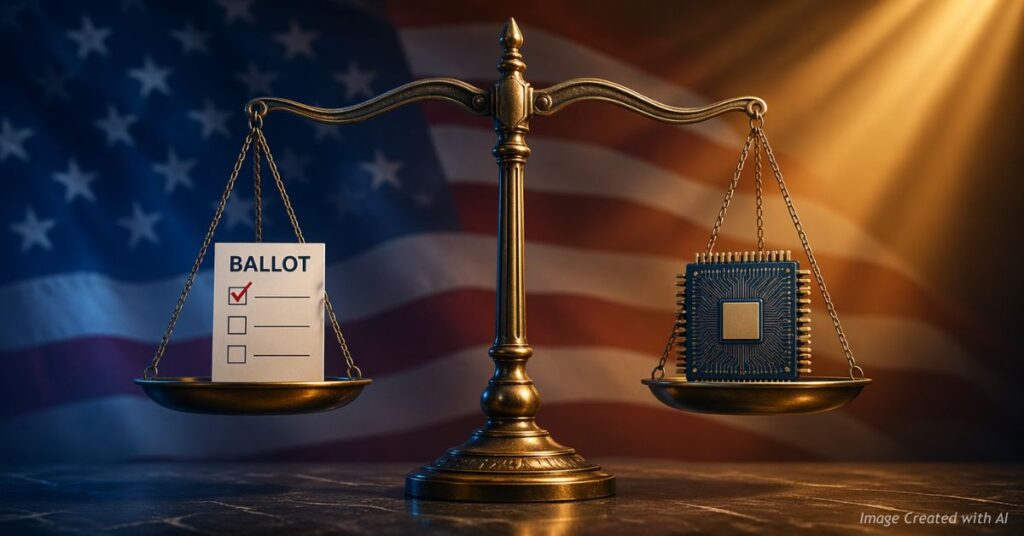 Analyst reviewing election data on screens highlighting security concerns