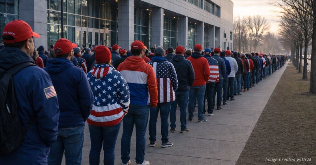 Delegates standing in long line in cold outside building