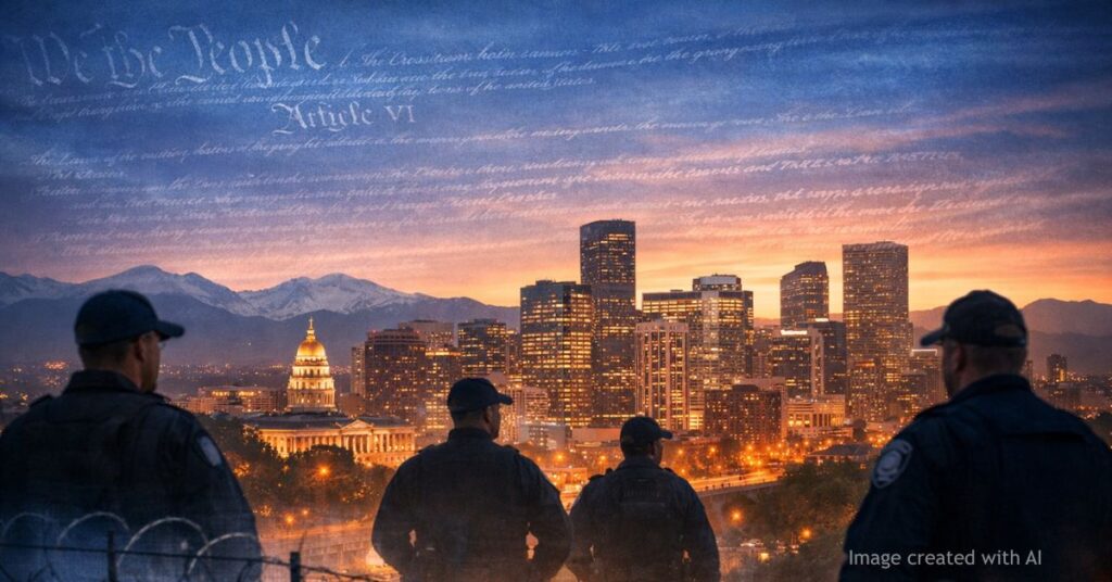 Denver skyline with law enforcement and constitutional overlay illustrating immigration ruling