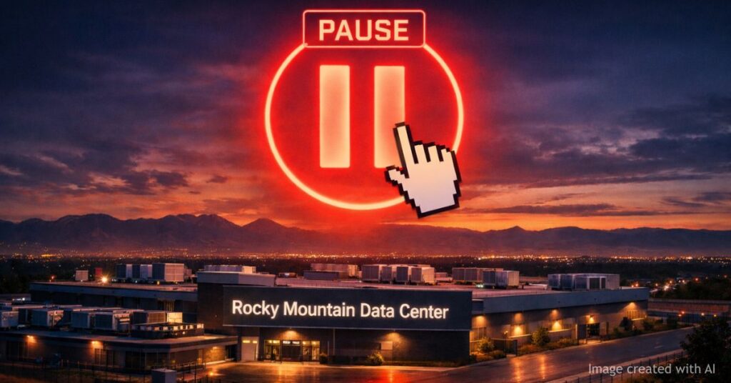 Rocky Mountain Data Center with red pause symbol over Denver facility
