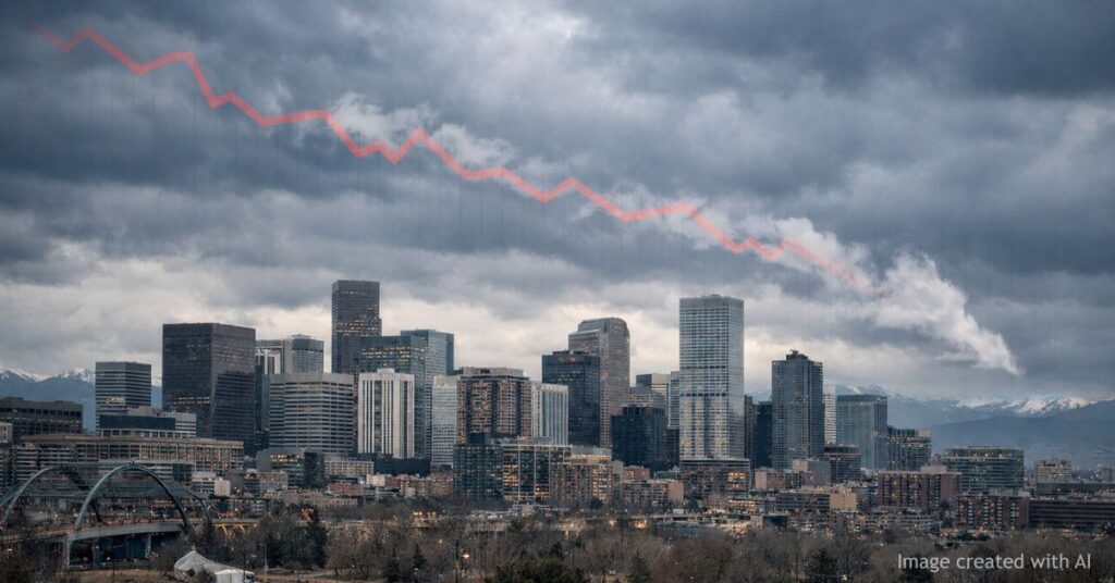 Denver skyline under storm clouds with subtle downward graph showing economic decline