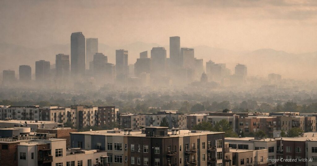 Denver skyline under smog with dense apartments highlighting growth concerns