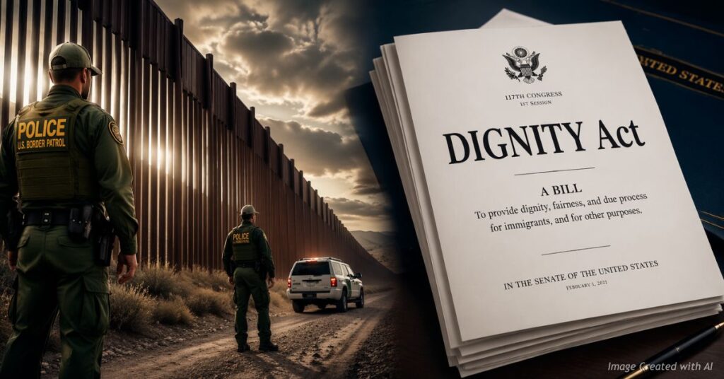 Border fence contrasted with DIGNITY Act documents representing immigration policy debate