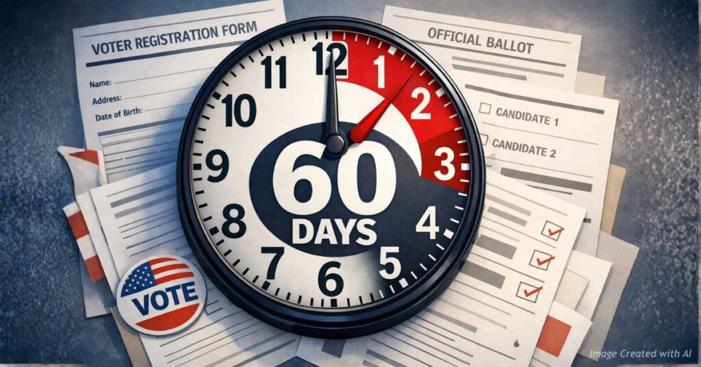 Clock showing 60-day deadline over ballots