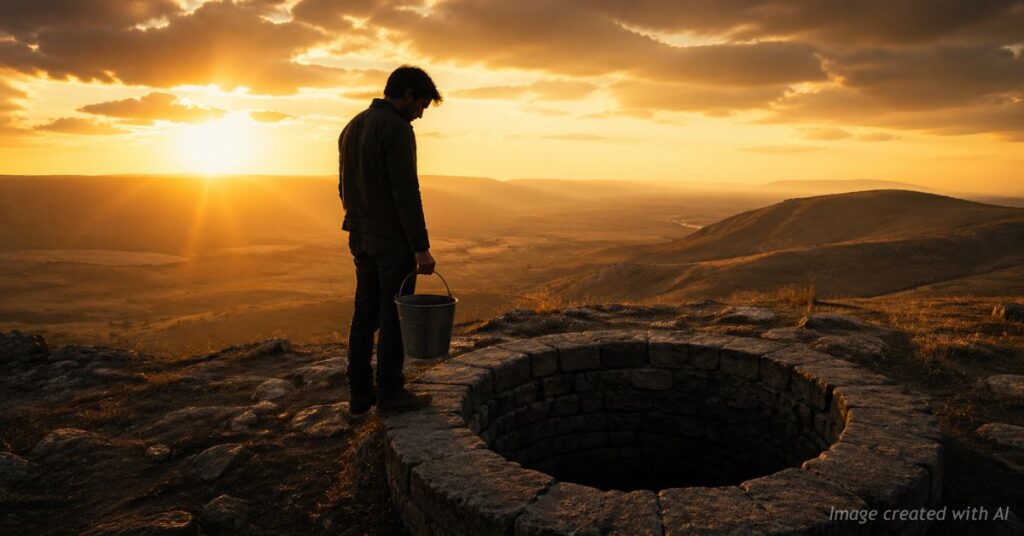 Person on hill with empty bucket looking into well symbolizing spiritual emptiness