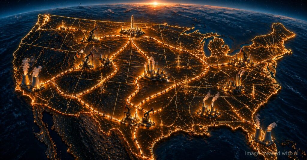 U.S. map with glowing energy infrastructure forming a backbone symbolizing national strength