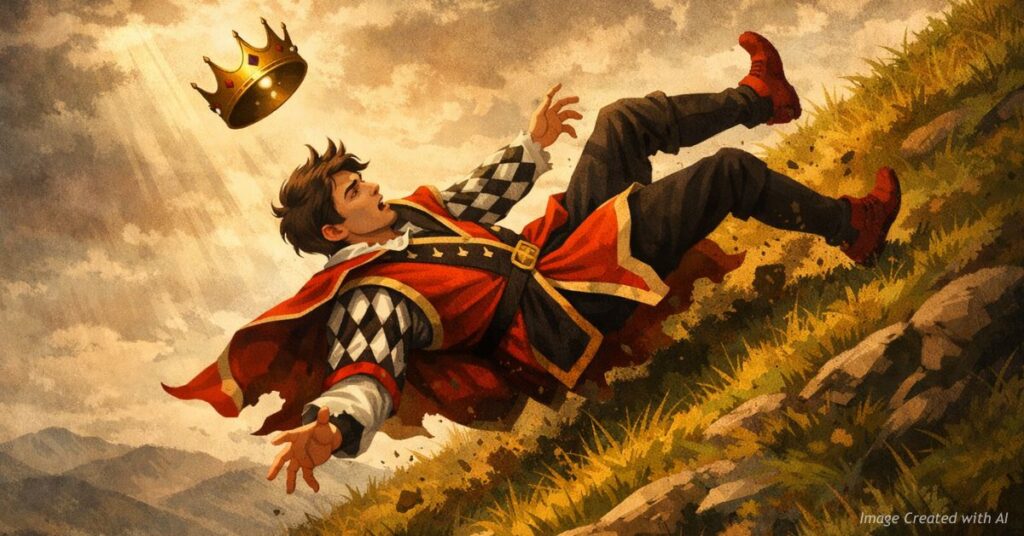 Leader falling down hill losing crown symbolizing broken trust