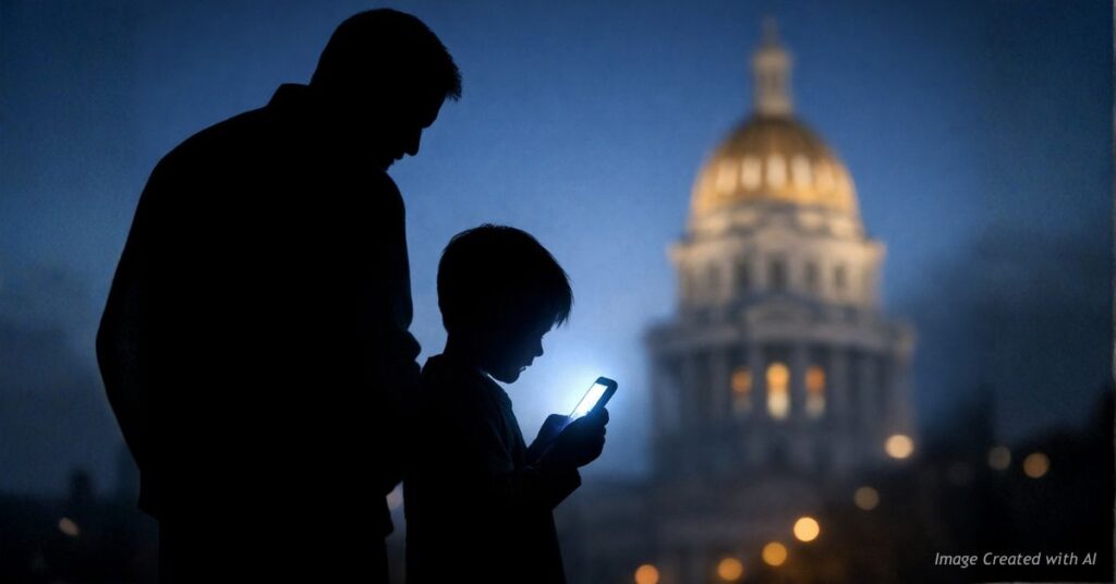 Father silhouette shielding child from glowing phone with Colorado Capitol in background