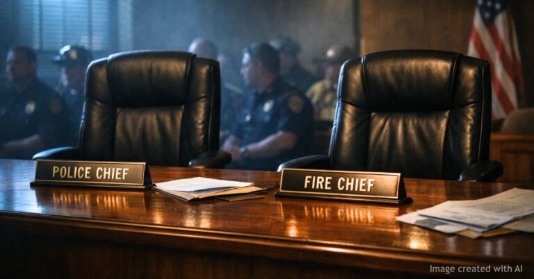 Empty police and fire chief chairs in dim city council chamber