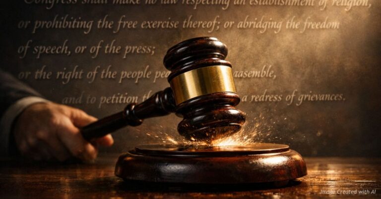 Judge’s gavel with First Amendment text representing speech and sentencing conflict