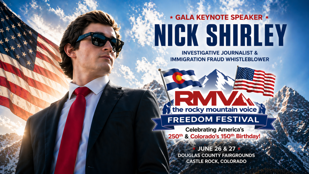 Nick Shirley featured as keynote speaker for RMV Freedom Festival with American and Colorado flags and mountain backdrop