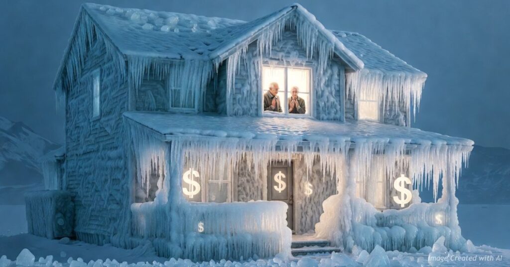 An ice-covered home with dollar symbols and an older couple inside, symbolizing homeowners stuck by capital gains taxes