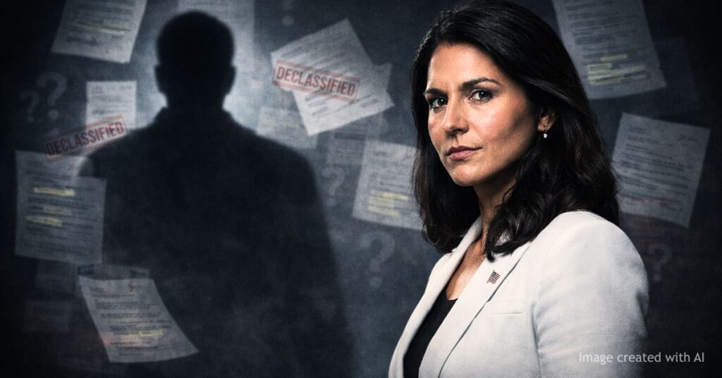 Tulsi Gabbard foreground with shadowy whistleblower and classified documents behind