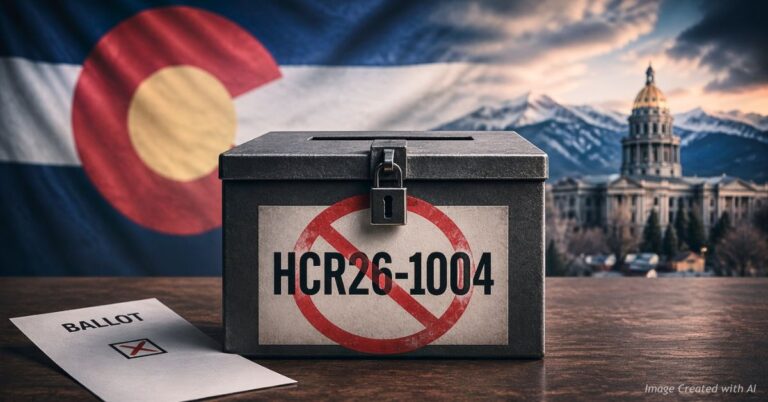 A locked ballot box labeled "HCR26-1004" with a red prohibition symbol, set against a Colorado state flag and the Capitol building at dusk.