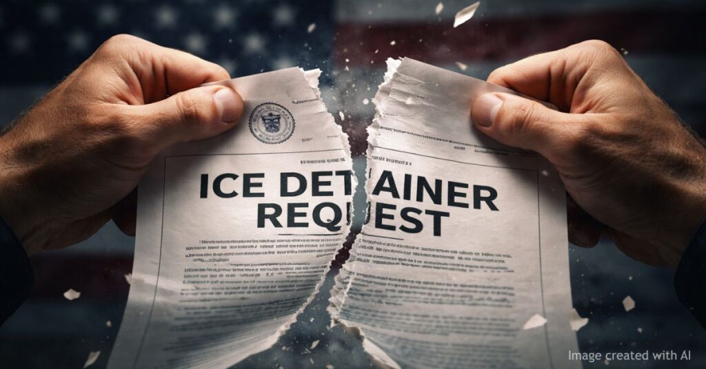 Hands tearing ICE detainer request document symbolizing immigration enforcement conflict