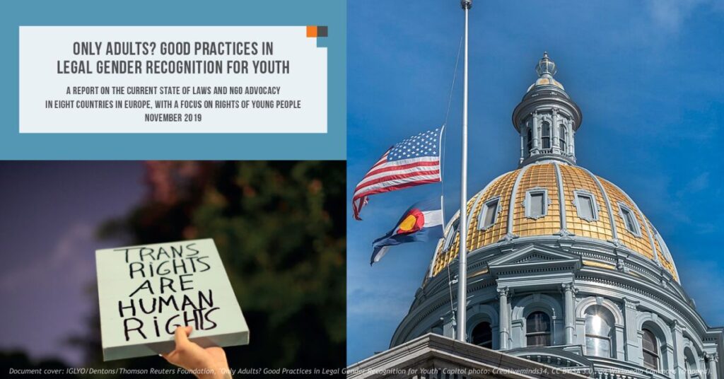 Cover of the 2019 IGLYO and Dentons report "Only Adults? Good Practices in Legal Gender Recognition for Youth" alongside the gold dome of the Colorado State Capitol