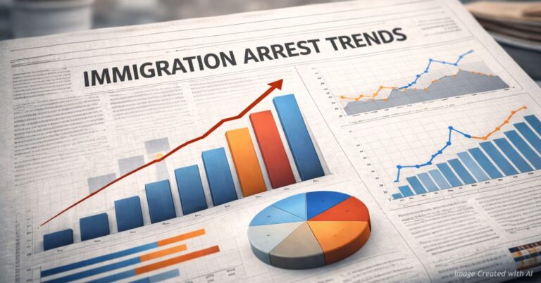Newspaper with immigration arrest trends headline and overlaid charts illustrating data analysis and media framing
