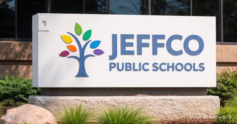 Jeffco Public Schools sign outside district administration building in Colorado