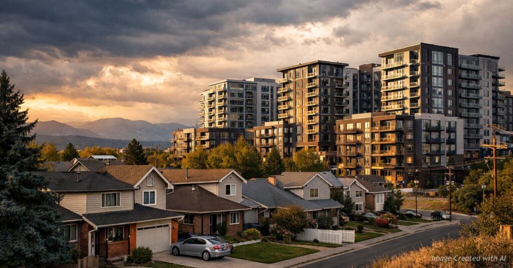 Suburban homes contrasted with looming apartment buildings symbolizing density debate