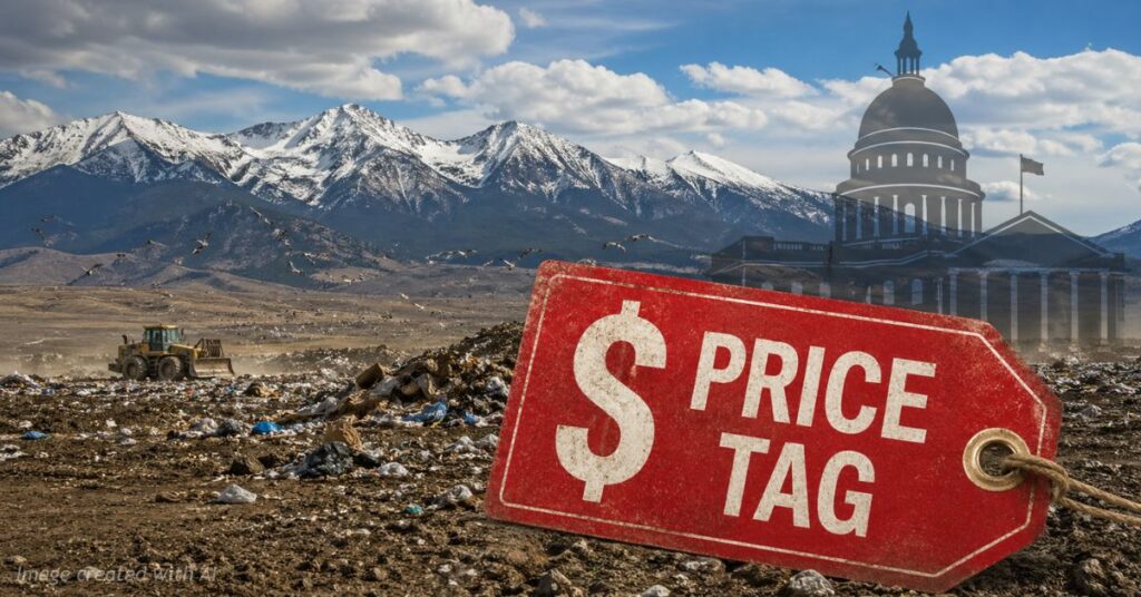 Rural landfill with price tag symbol showing financial burden on counties