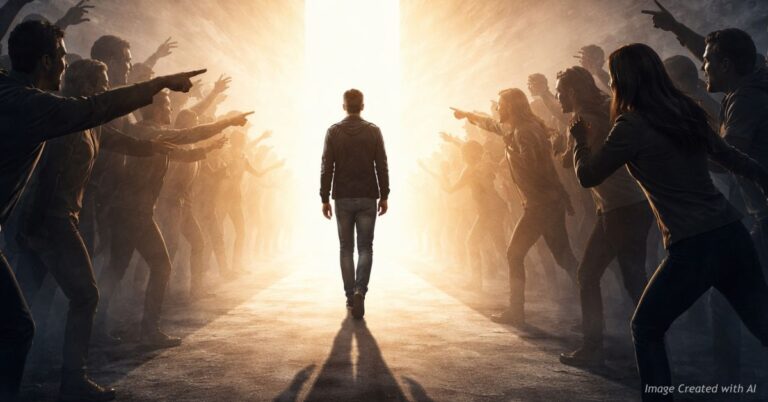 Person walking away from judgmental crowd toward light