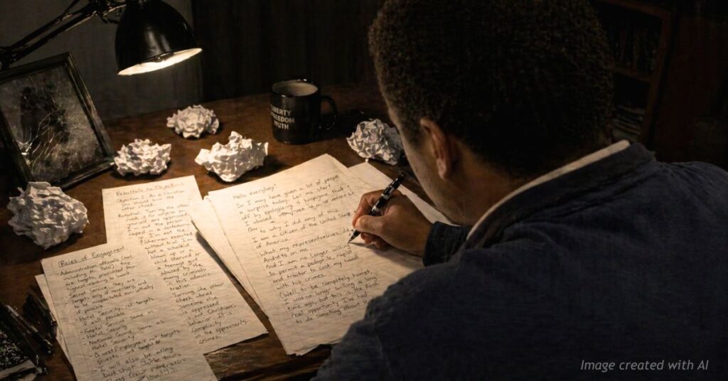 Over-the-shoulder view of man writing manifesto amid scattered damaged papers
