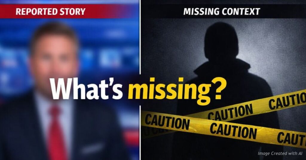 Split image showing news coverage and missing context in crime reporting