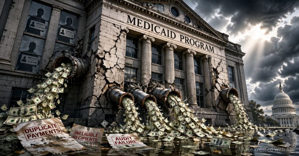 Government building leaking money symbolizing Medicaid waste and fraud