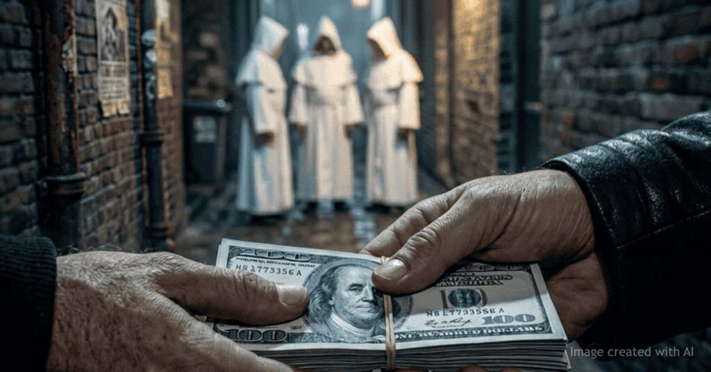 Hands exchanging cash under scrutiny with Robed figures in the background.