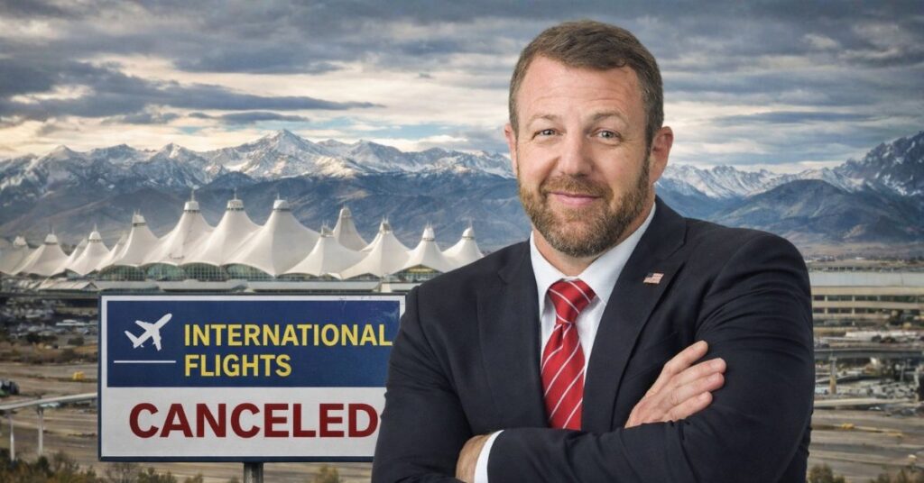 Markwayne Mullin stands before DIA with sign reading international flights canceled