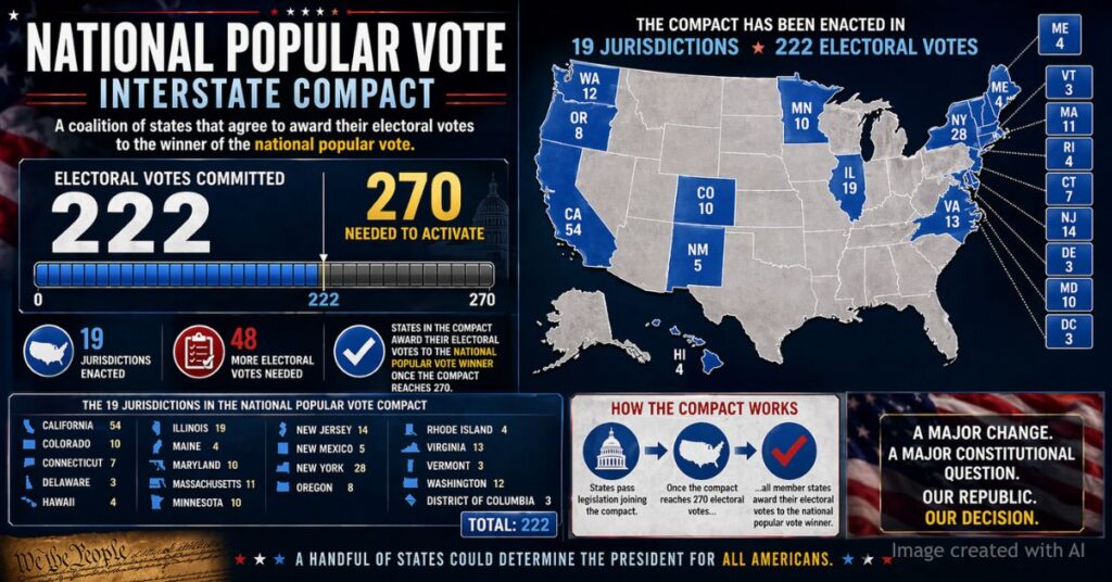 Electoral vote counter approaching 270 threshold highlighting National Popular Vote momentum