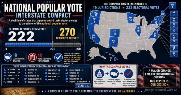 Electoral vote counter approaching 270 threshold highlighting National Popular Vote momentum