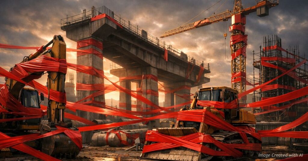 Construction site wrapped in red tape symbolizing regulatory delays
