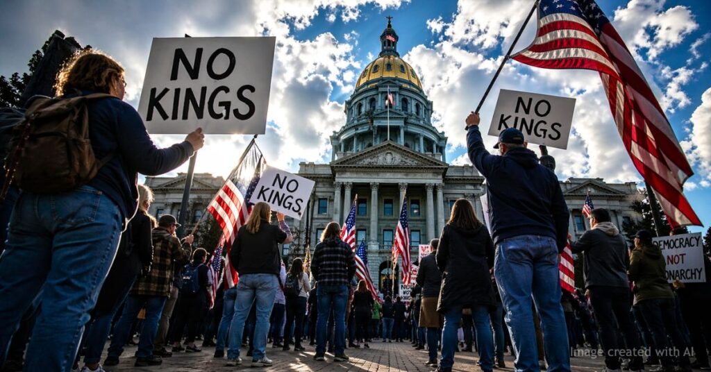Protesters holding No Kings signs at Colorado State Capitol