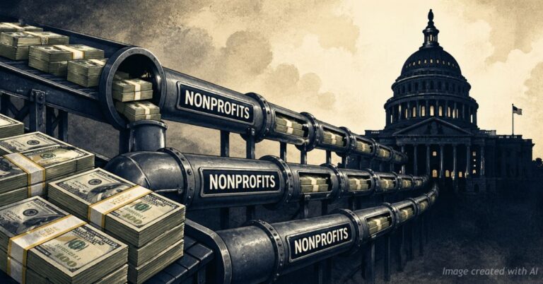 Money flowing through nonprofit pipelines into government building symbolizing funding influence
