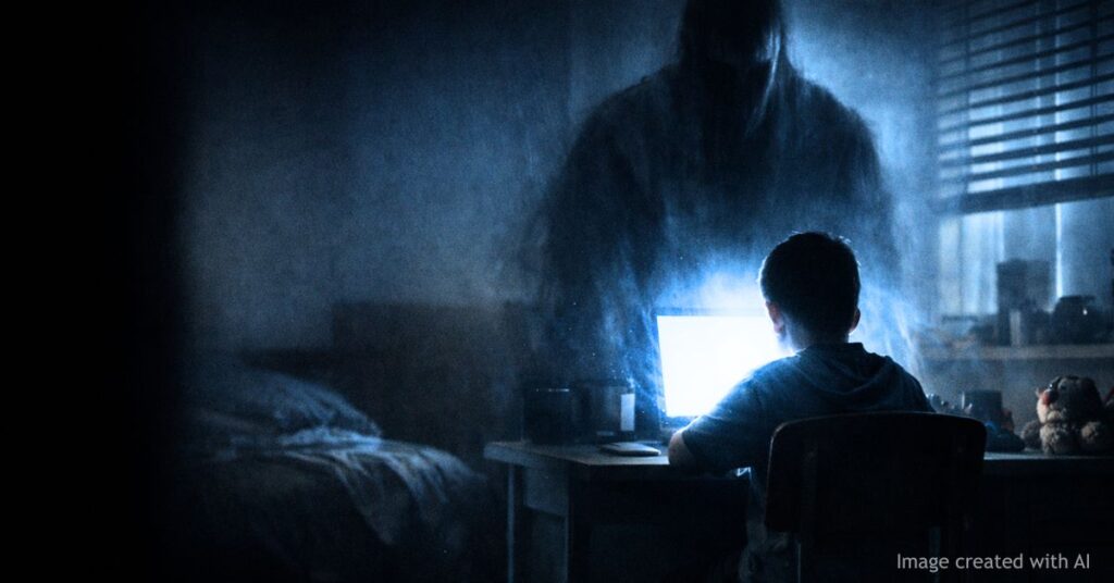 Shadow figure emerging from laptop behind child in bedroom symbolizes online predator threat