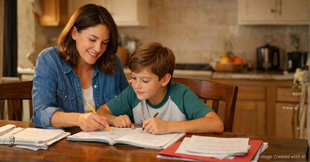 Parent helping child with homework showing active involvement in education