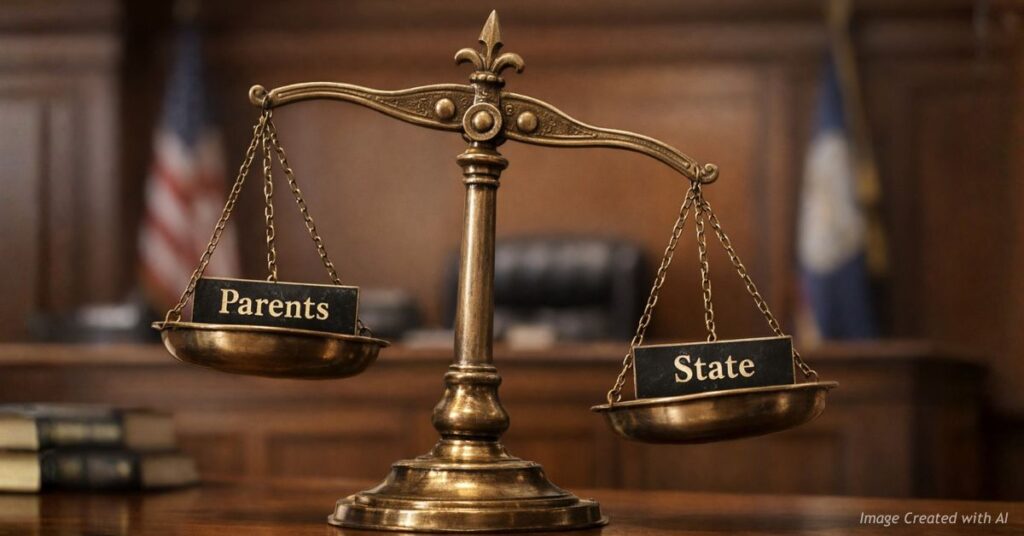 Justice scales showing tension between parental rights and state authority