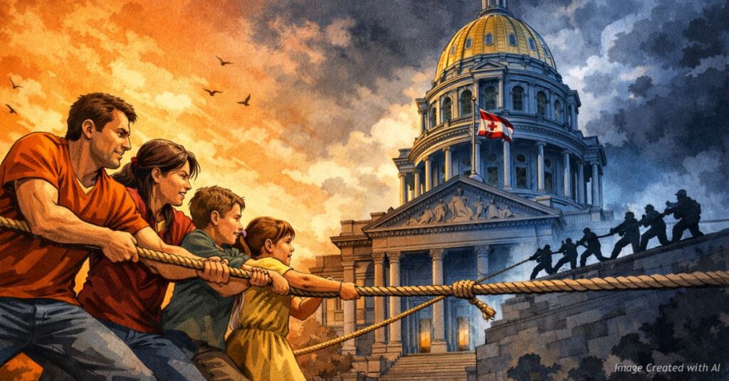 Family pulling against Capitol building symbolizing parental rights conflict