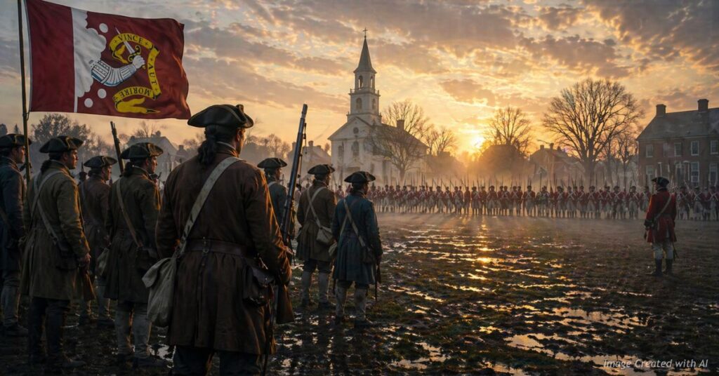 Colonial militia faces British troops symbolizing courage and liberty