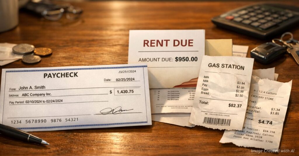 Paycheck next to bills showing cost of living and take-home pay impact
