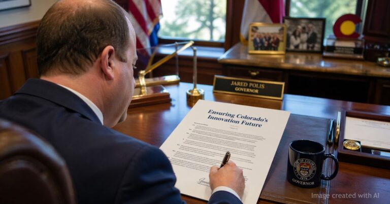 Governor Jared Polis signs innovation future letter at his desk