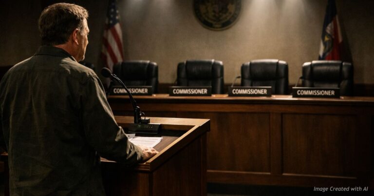 Citizen speaking to empty chairs representing lack of response