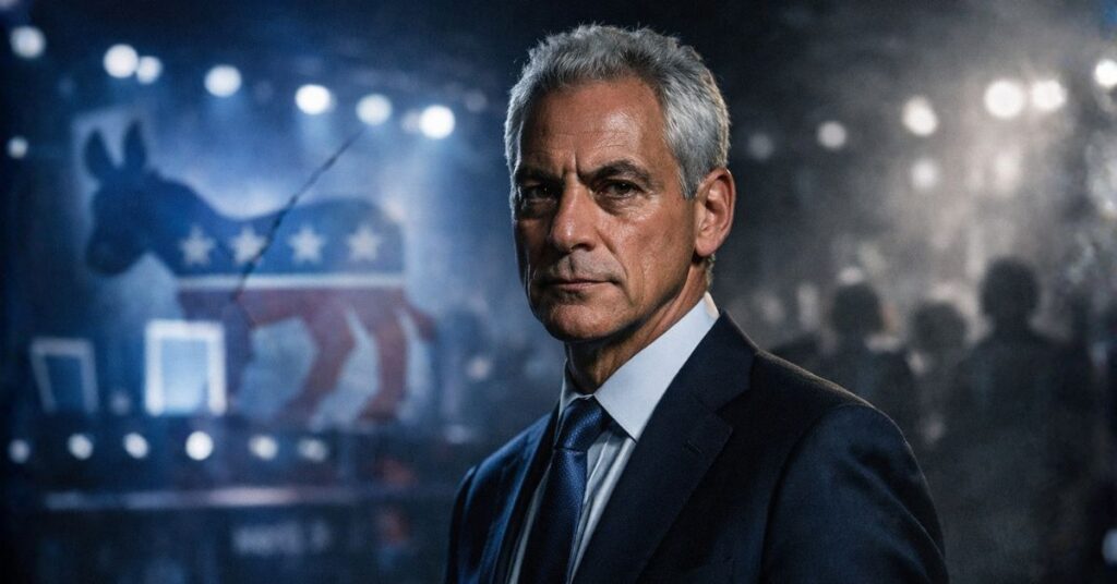 Rahm Emanuel in dramatic lighting with blurred political background