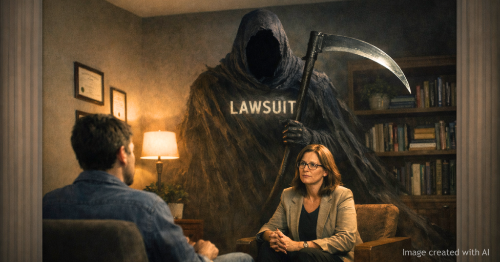 Therapist meets with patient as shadowy figure labeled lawsuit looms behind symbolizing legal risk