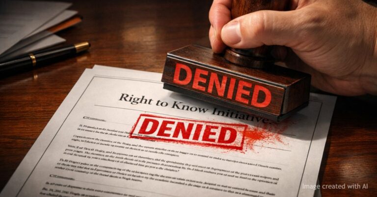 Denied stamp applied to Right to Know ballot initiative document on desk